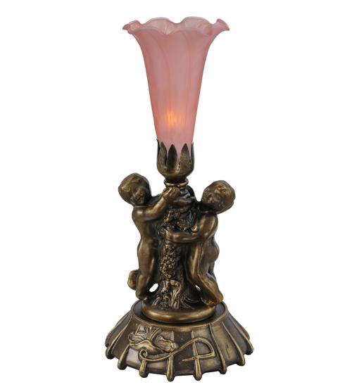 12" High Pink Pond Lily Twin Cherub Mini Lamp