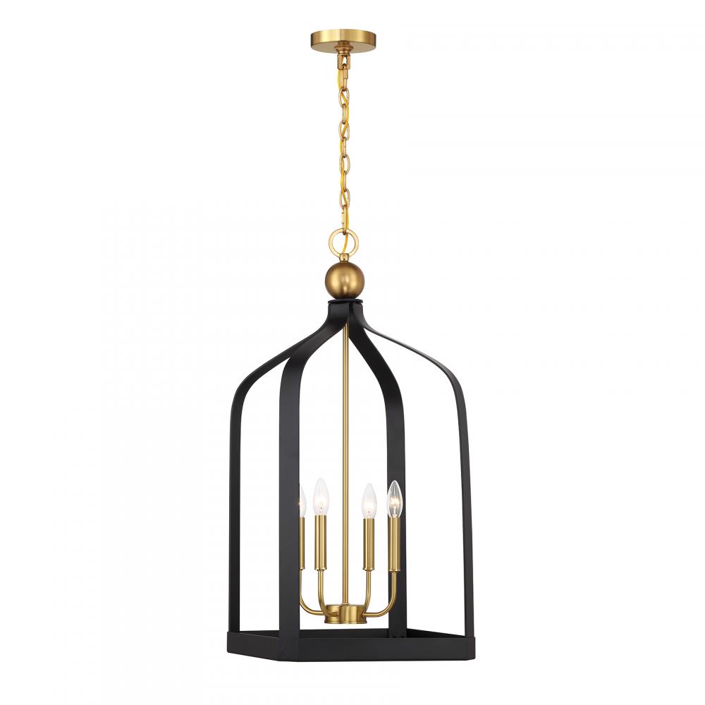 Sheffield 4-Light Pendant in Matte Black with Warm Brass Accents