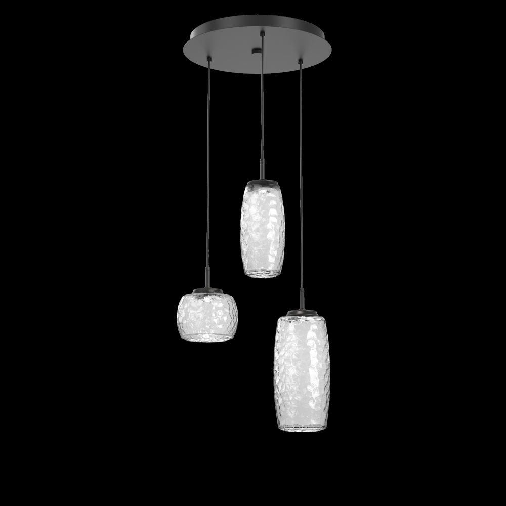 Vessel 3pc Round Multi-Pendant-Matte Black-Clear Blown Glass-Cloth Braided Cord-LED 2700K