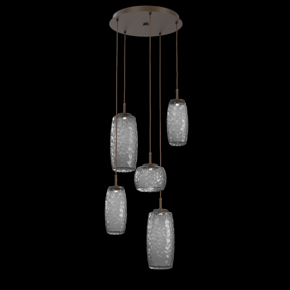 Vessel 5pc Round Multi-Pendant-Flat Bronze-Smoke Blown Glass-Cloth Braided Cord-LED 2700K