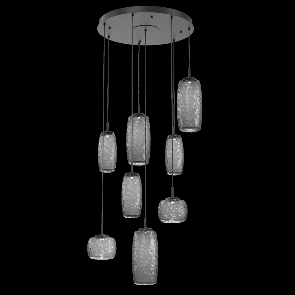 Vessel 8pc Round Multi-Pendant-Matte Black-Smoke Blown Glass-Cloth Braided Cord-LED 3000K