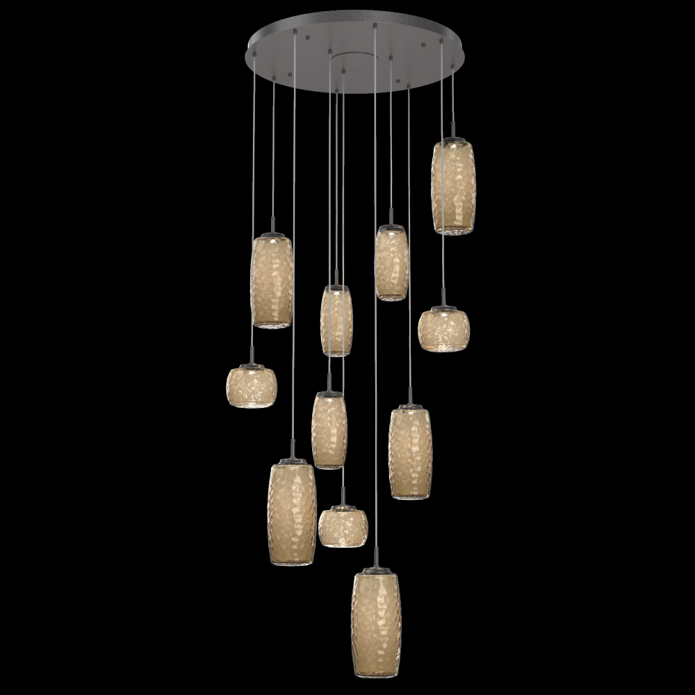 Vessel 11pc Round Multi-Pendant-Graphite-Bronze Blown Glass-Cloth Braided Cord-LED 2700K