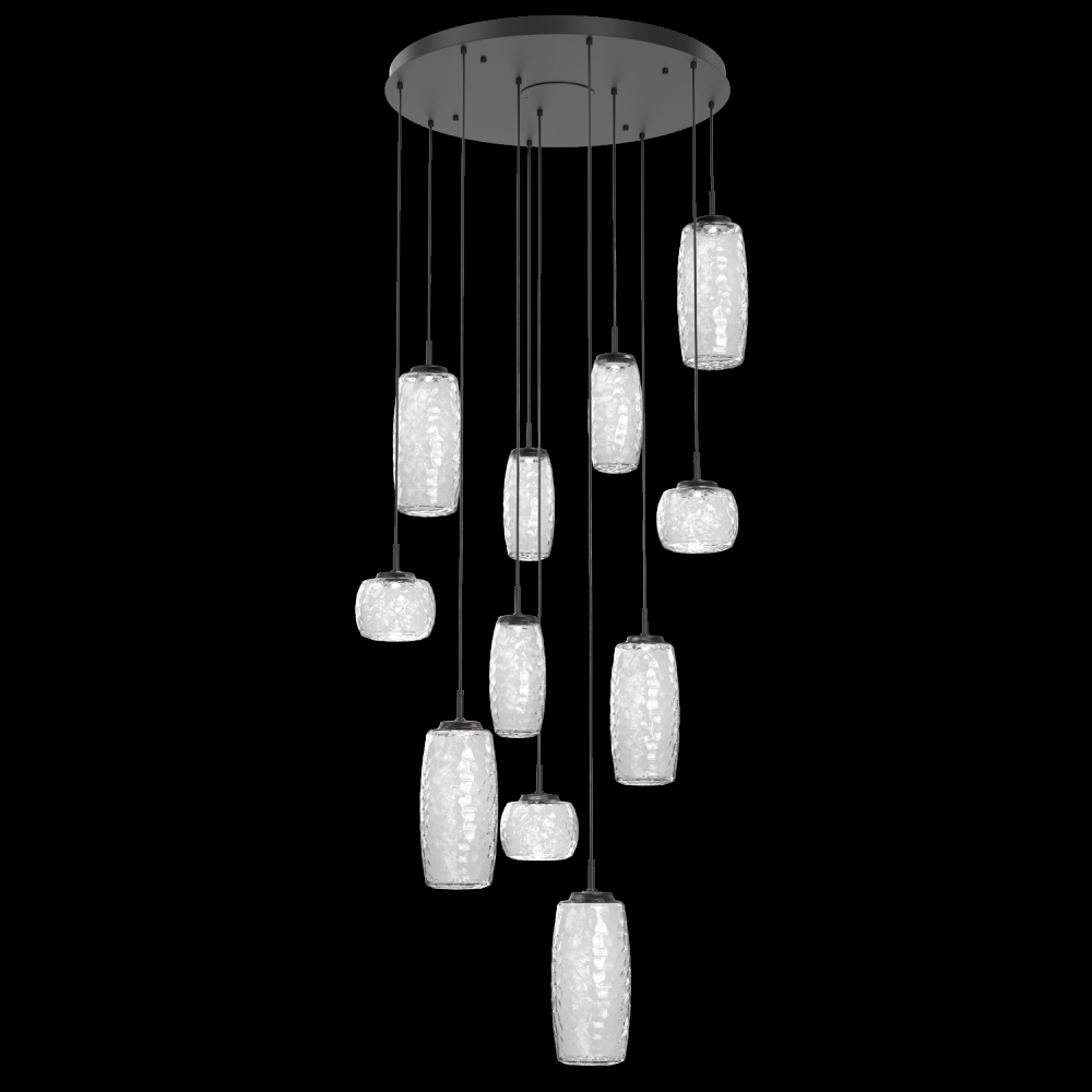 Vessel 11pc Round Multi-Pendant-Matte Black-Clear Blown Glass-Cloth Braided Cord-LED 2700K