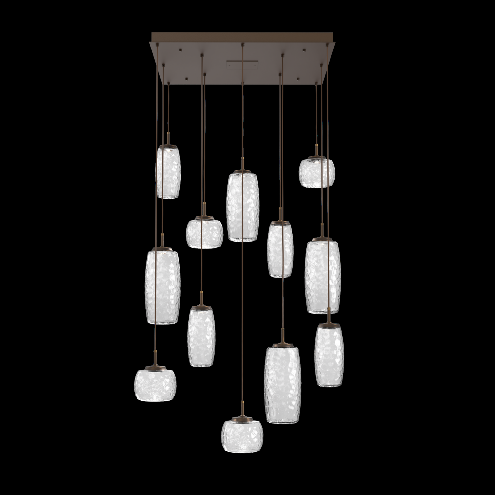 Vessel 12pc Square Multi-Pendant-Flat Bronze-Clear Blown Glass-Cloth Braided Cord-LED 2700K