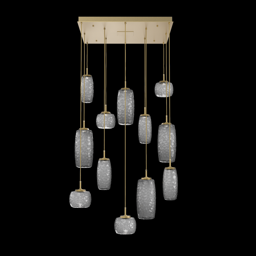 Vessel 12pc Square Multi-Pendant-Gilded Brass-Smoke Blown Glass-Cloth Braided Cord-LED 3000K