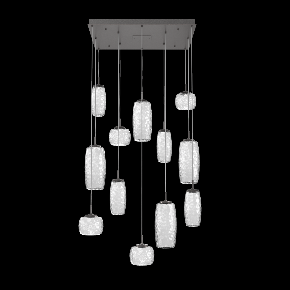 Vessel 12pc Square Multi-Pendant-Graphite-Clear Blown Glass-Cloth Braided Cord-LED 2700K