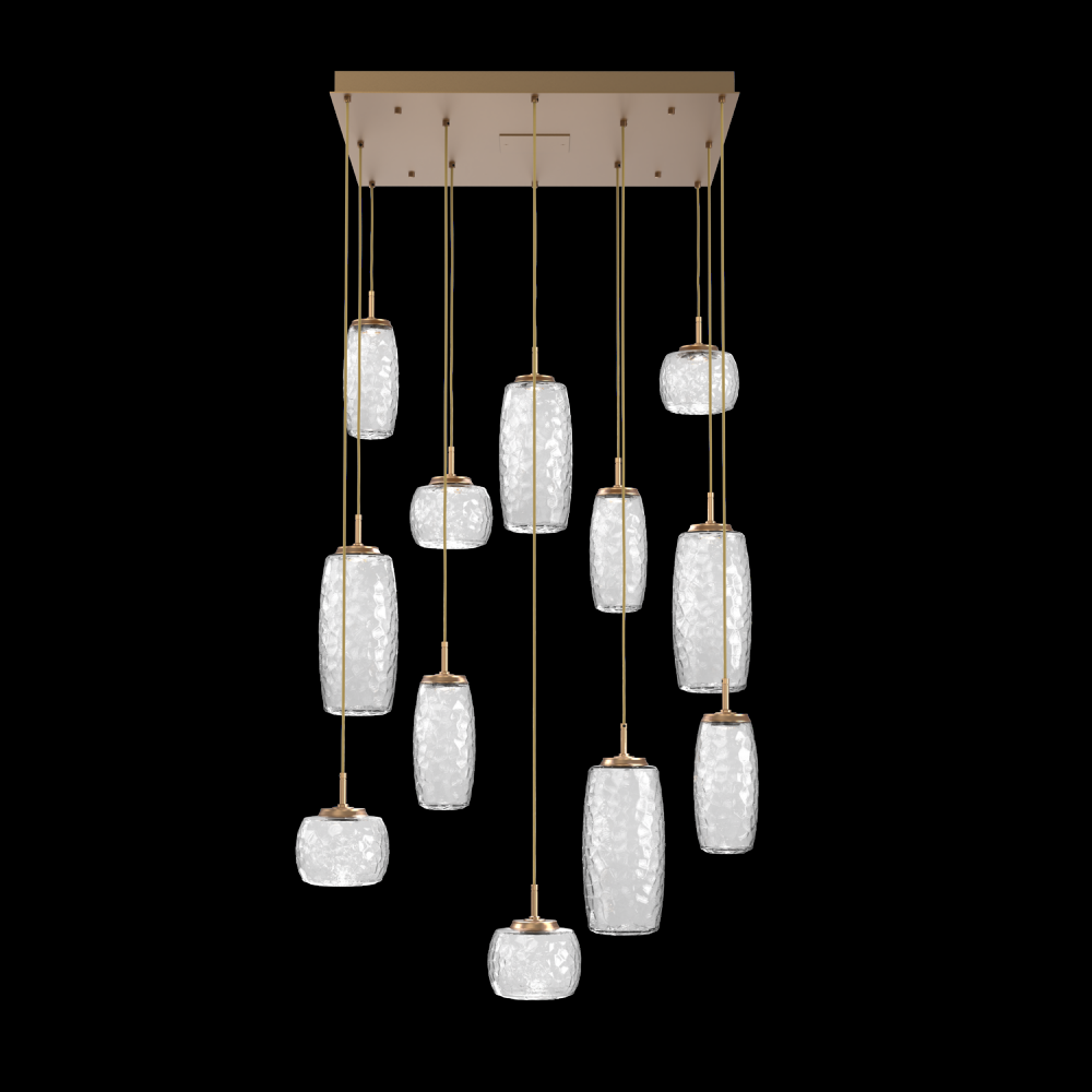 Vessel 12pc Square Multi-Pendant-Novel Brass-Clear Blown Glass-Cloth Braided Cord-LED 2700K