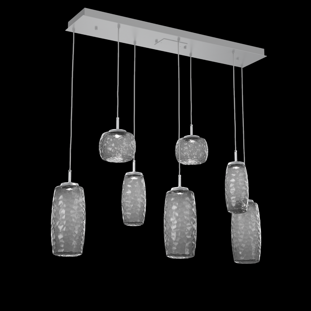 Vessel 7pc Linear Multi-Pendant-Classic Silver-Smoke Blown Glass-Cloth Braided Cord-LED 3000K