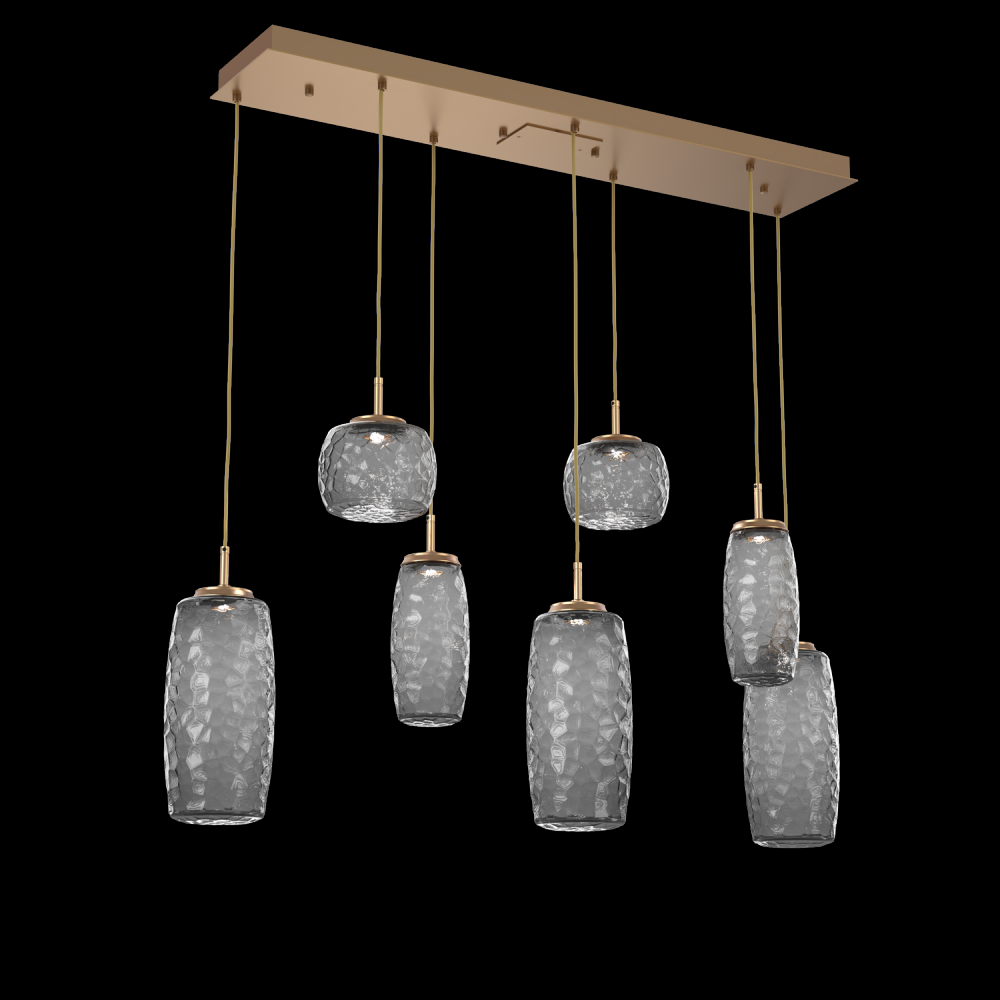 Vessel 7pc Linear Multi-Pendant-Novel Brass-Smoke Blown Glass-Cloth Braided Cord-LED 3000K