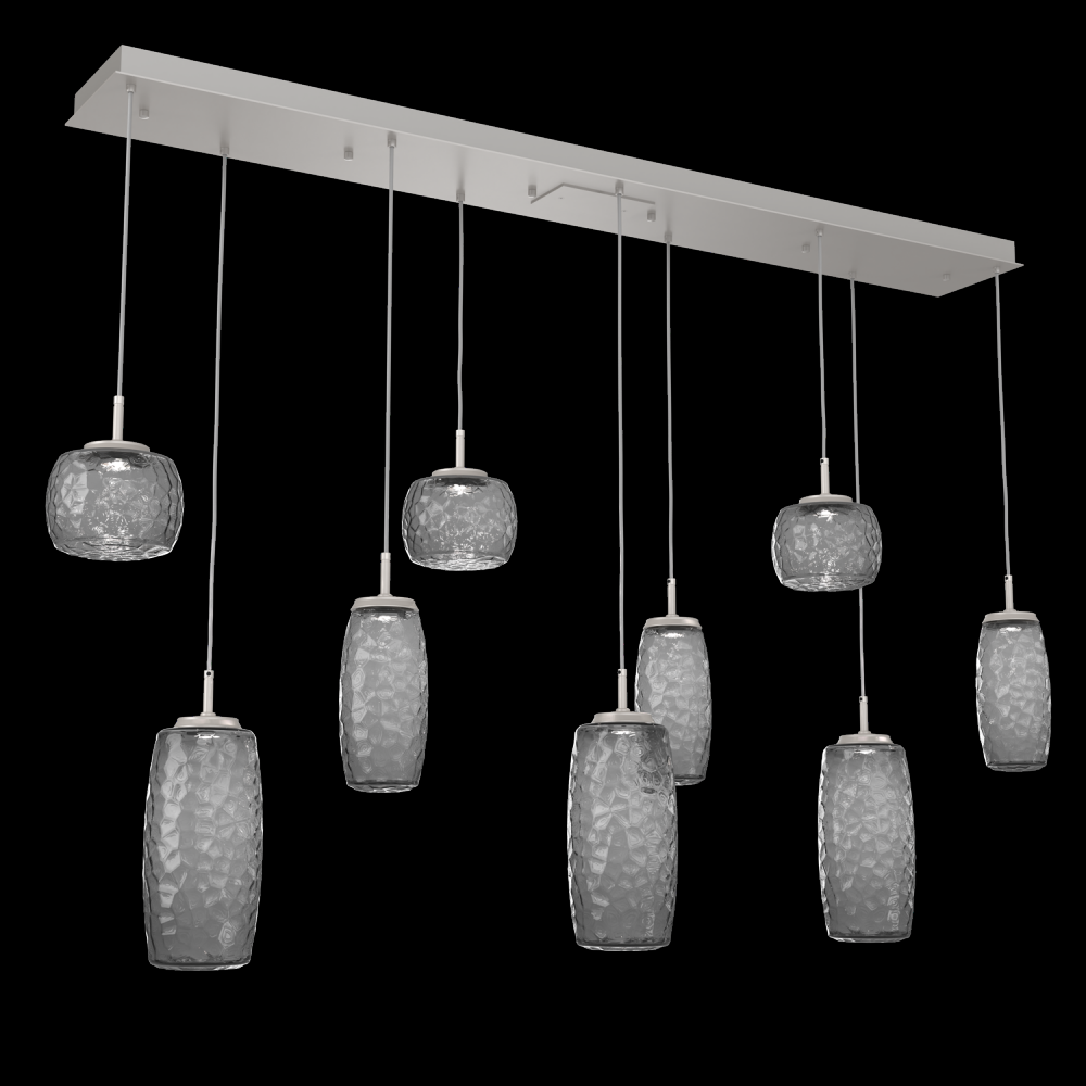 Vessel 9pc Linear Multi-Pendant-Beige Silver-Smoke Blown Glass-Cloth Braided Cord-LED 3000K