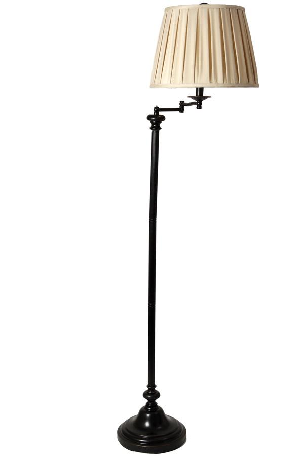 An oil rubbed bronze reeded swing arm floor lamp with a beige box pleated softback shade with matchi