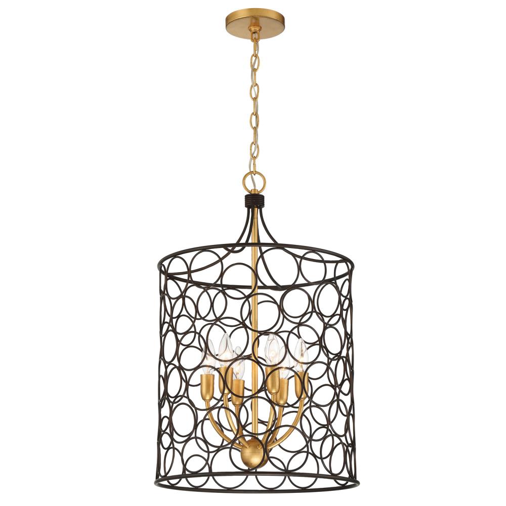 Stemmons 6 Light Bronze + Antique Gold Lantern Chandelier