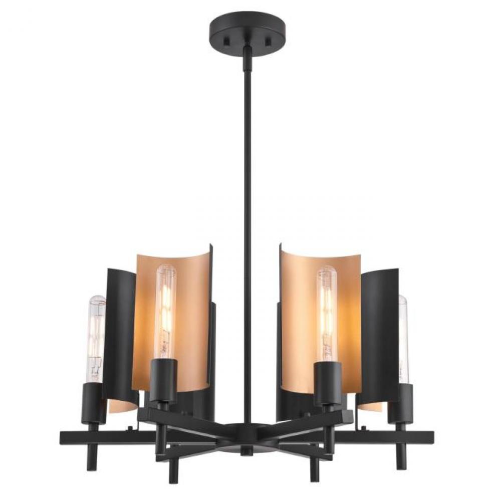 6 Light Chandelier Matte Black Finish with Metallic Bronze Accents