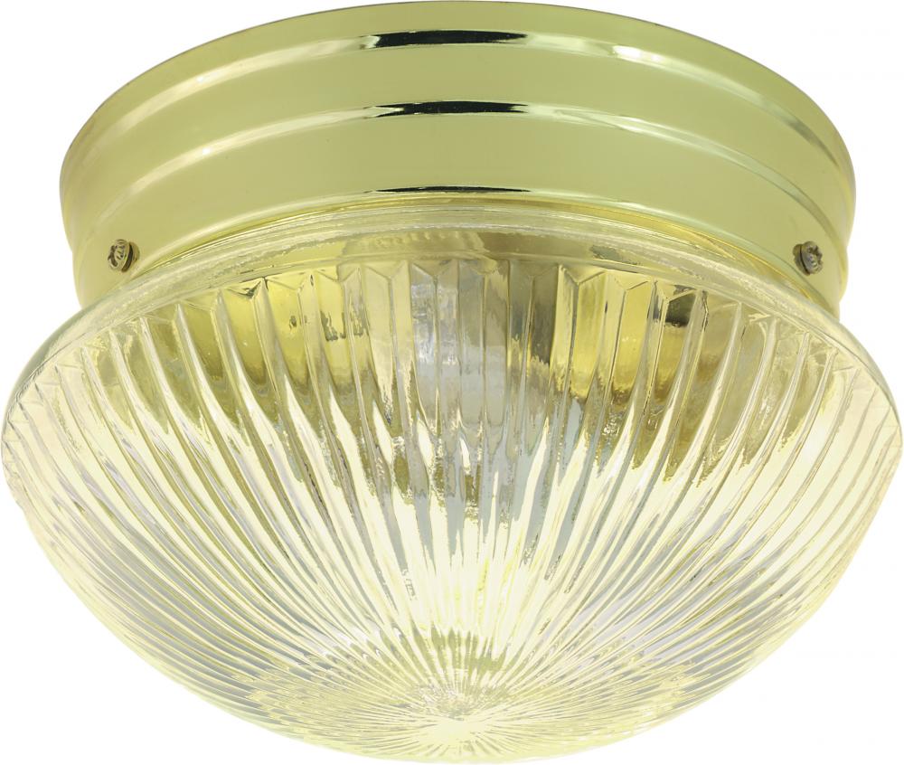 1 Light - 8" Flush with Clear Ribbed Glass - Polished Brass Finish