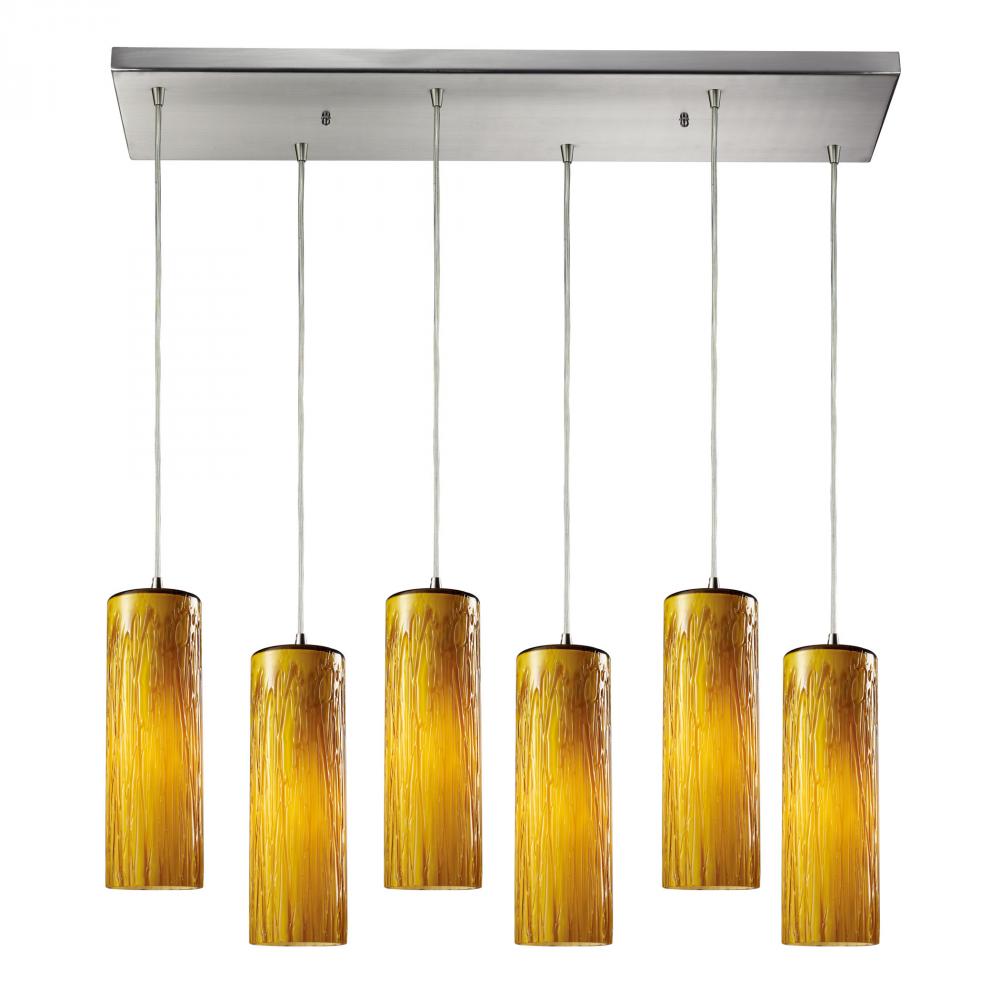 Maple 6 Light Pendant In Satin Nickel And Maple